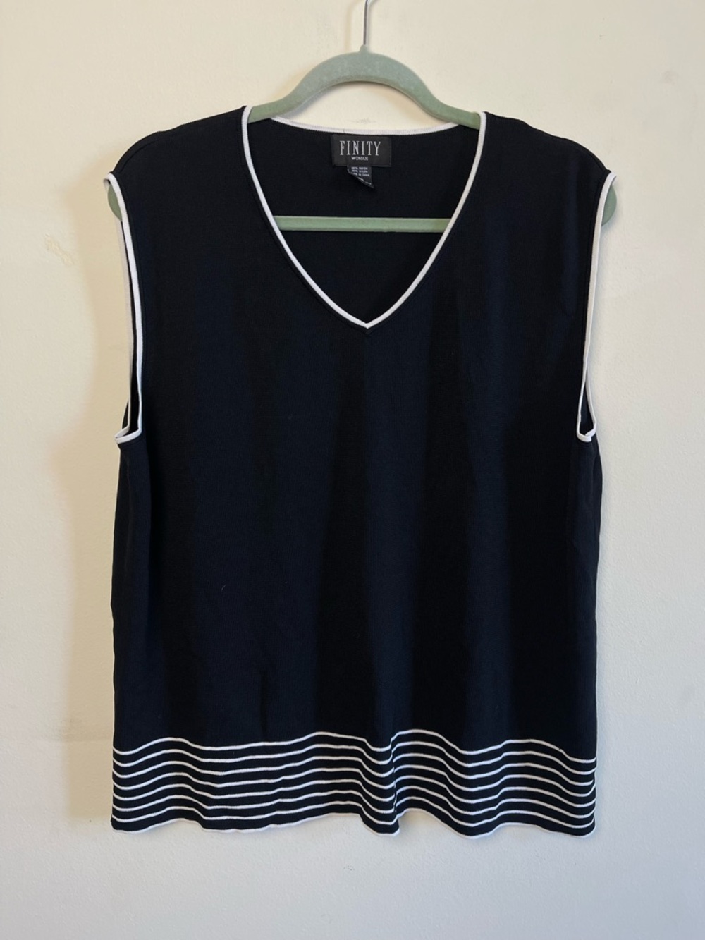 Finity Black Sleeveless Knit V-Neck Top with White Trim